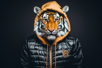 Tiger in hip hop jacket  detailed portrait with dark turquoise and light orange aesthetics - obrazy, fototapety, plakaty