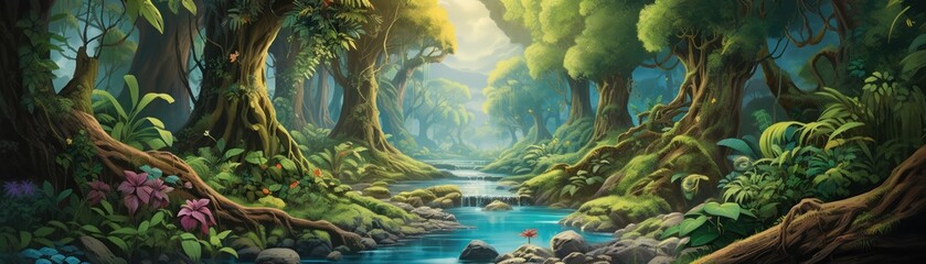 A lush rainforest scene where a small path leads adventurers to a hidden waterfall