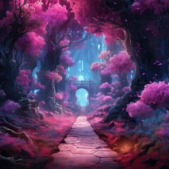 An enchanted forest path lined with blossoming bougainvillea inviting travelers to explore the mysteries that lie within