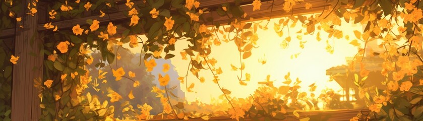 An air potato vine entwined around a rustic wooden trellis in a garden buzzing with bumblebees under the golden hour glow. candy colors - obrazy, fototapety, plakaty
