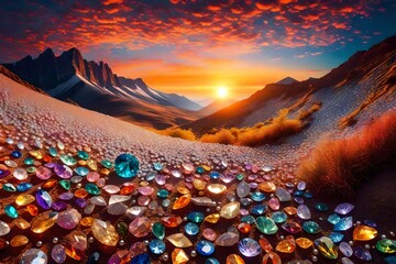 sunset in the mountains, Colorful diamonds and pearls glisten atop a smooth land, creating a mesmerizing wallpaper in high resolution