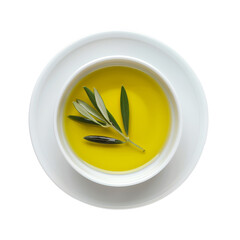 Top view of a bowl of olive oil garnished with fresh green olive leaves, isolated on a transparent white background