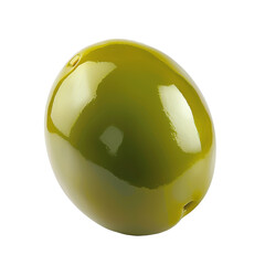 A close-up photo of a pitted green olive with a hole in its center. The olive sits isolated on a transparent white background