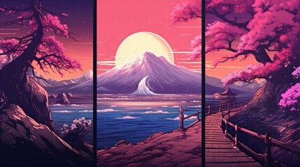 A series of crosshatching illustrations showing the serene beauty of cycling paths through different landscapes: along a coastal cliff through a bamboo forest