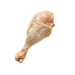 Raw chicken drumstick isolated on a transparent white background, showing skin and meat textures