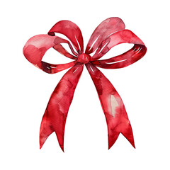 Vibrant watercolor red ribbon bow illustration. Festive holiday decoration.
