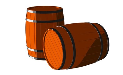 Two cartoon or toon drawing wooden wine or whiskey barrels, casks or kegs with metal hoops standing and lying on white background