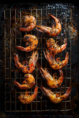 Top view of grilled shrimps on grilling rack for food background with copy space for text. Generative AI.