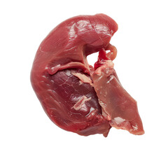 A close-up photo of a raw pork chop isolated on transparent white background. The pork chop is pink with streaks of white marbling and has a bone attached