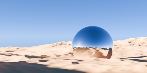 Chrome retro sphere or ball object in surreal abstract desert landscape with blue sky background, geometric primitive fantasy concept