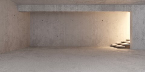Abstract empty, modern concrete room with warm light above floating stairs in the back and rough floor - industrial interior background template - 760602813