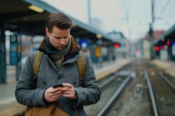 Man standing on train platform looking at cellphone, suitable for technology and travel concepts