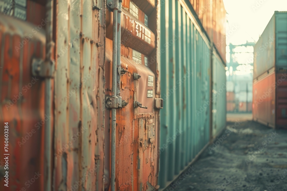 Poster a row of shipping containers sitting next to each other. can be used for industrial and transportati