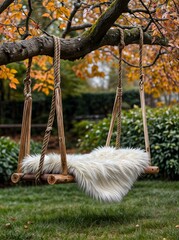 A wooden swing with sheepskin and rope sits on a tree 