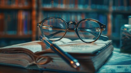 A pair of glasses resting on top of an open book. Ideal for educational concepts - Powered by Adobe