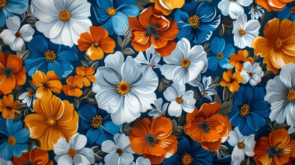 Floral pattern is blue, orange, and white