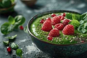 A bowl of green smoothie topped with fresh raspberries. Perfect for healthy lifestyle concept