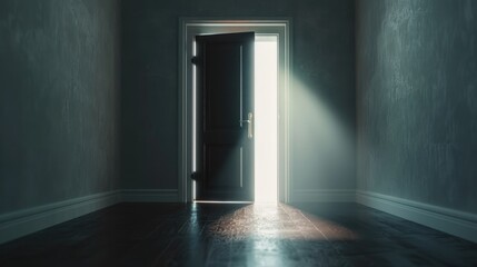 Light shining through an open door in a dark room, suitable for concepts of hope and new beginnings