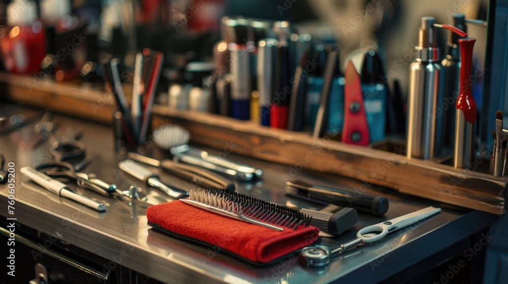Poster various tools neatly arranged on a metal counter. ideal for showcasing a workshop or diy projects