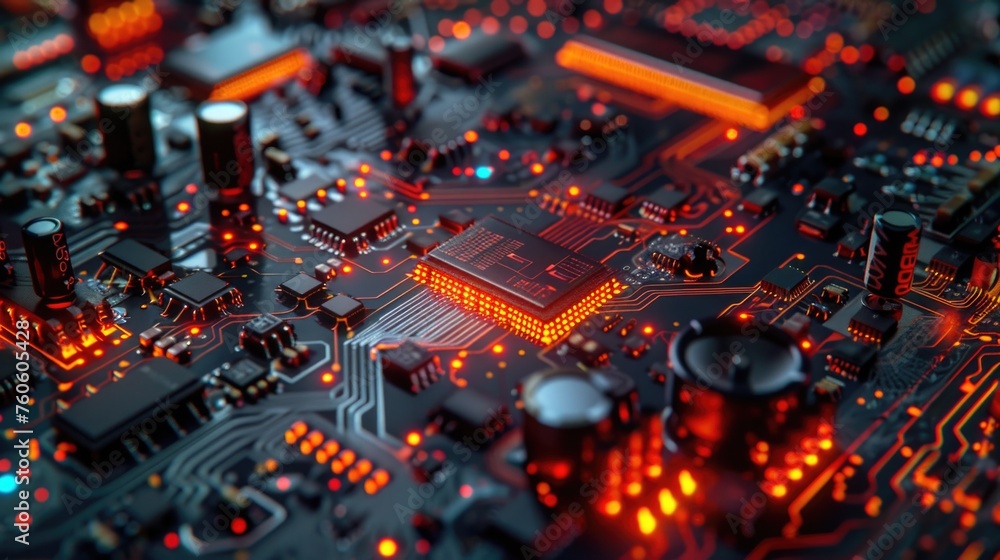 Poster detailed view of a circuit board with glowing red lights. suitable for technology concepts
