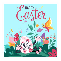 Easter poster with happy Holiday personage Groovy egg character among spring flower - 760605417