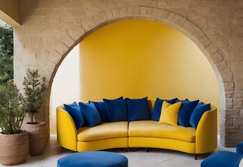 Yellow curved sofa with blue cushions and round rustic wood coffee table against stucco wall