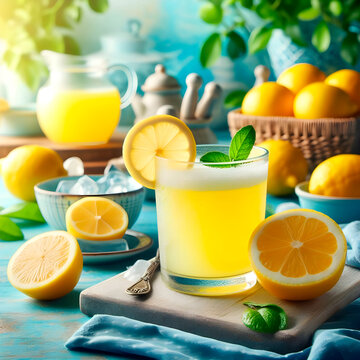 fresh lemonade with mint and lemon on a wooden table