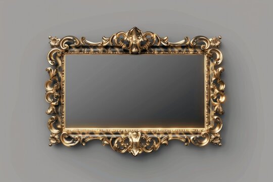 Elegant gold framed mirror hanging on a gray wall, perfect for interior design projects