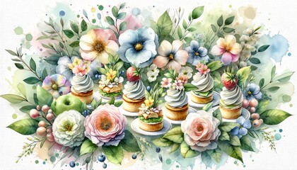 Obraz na płótnie Canvas Watercolor painting of Canapés with Flowers