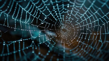 Close-up of spider web with water droplets, suitable for nature-themed designs