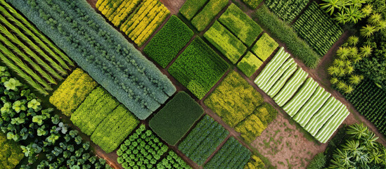 Aerial view of a dynamic patchwork of organic farms. Successful sustainable farming - Powered by Adobe