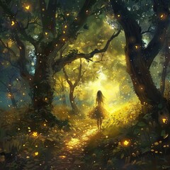 Girl in Magical Glowing Forest Pathway
