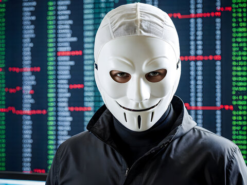 hacker wearing white mask against the background of the stock exchange.