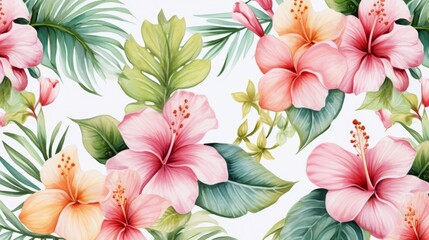 Watercolor seamless pattern with exotic tropical flowers