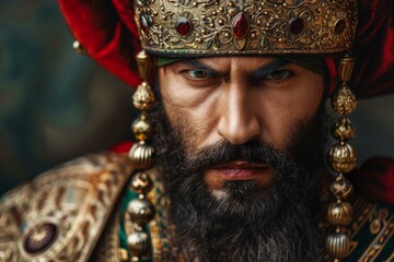 Intense gaze of a historical warrior in majestic costume with Suleiman-inspired crown and beard - obrazy, fototapety, plakaty