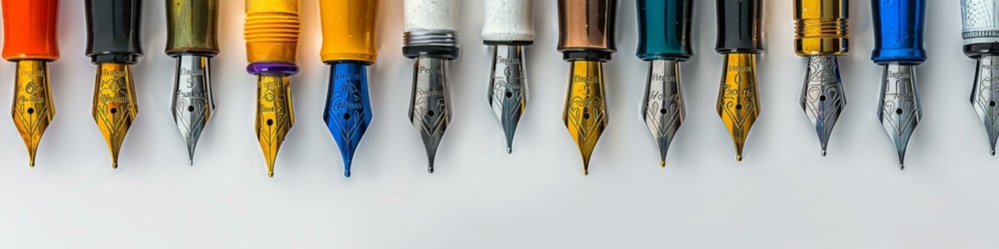 Fountain pens with elegant nibs arranged for writing instruments and luxury calligraphy