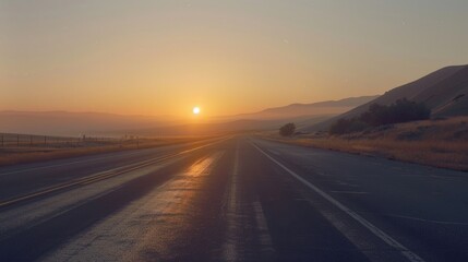 A scenic view of the sun setting on the horizon of a road. Perfect for travel or nature concepts