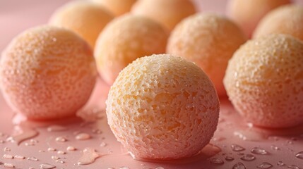  a group of oranges sitting next to each other on top of a pink surface with drops of water on them.