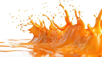 Fotobehang Vibrant orange liquid splashing on a clean white background. Perfect for advertising and product promotion © Ева Поликарпова