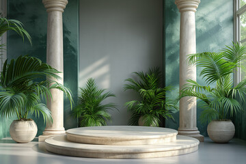 3d render, white marble podium on the background of the concrete wall with flowers