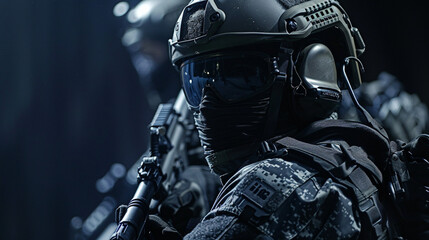 Special forces in parametric knitted tactical gear. The face is not shown and from the side view.
