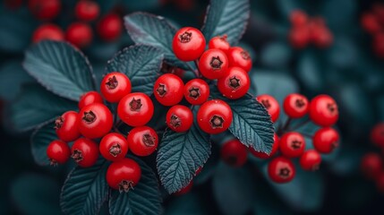  a bunch of red berries sitting on top of a green leafy plant with leaves and berries on top of it.