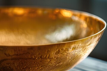 A shiny golden bowl placed on a table. Suitable for kitchen and dining concepts