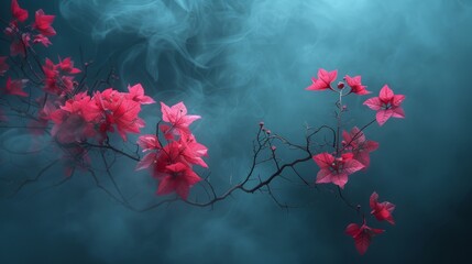  a branch with pink flowers on it with smoke coming out of the top of the branches and the bottom of the branches.