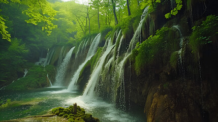 Waterfall landscape of Plitvice Lakes. generative ai 