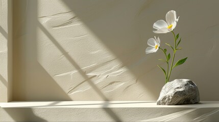  a rock with a flower in it sitting on a ledge next to a wall with a shadow cast on it.