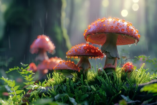 Vibrant red mushrooms in a tranquil forest with rain droplets and sun rays