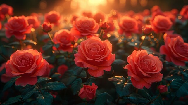  a field full of red roses with the sun shining through the trees in the backgrounnd of the picture.