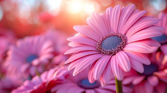  a close up of a pink flower with the sun shining in the background and a blurry image in the foreground.