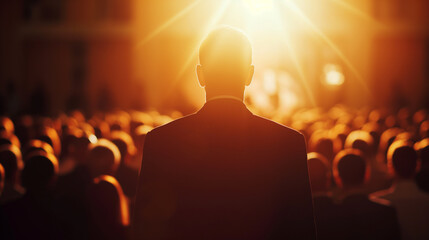 Silhouette of a businessman in front of a crowd of people - obrazy, fototapety, plakaty